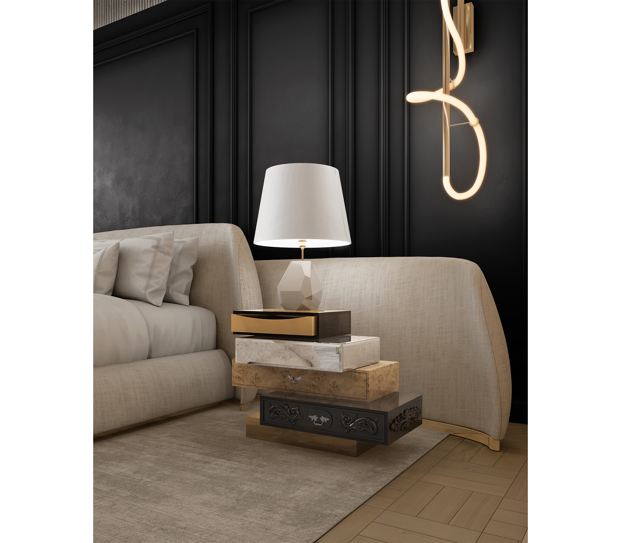 Odette Curved Velvet Polished Brass King Bed