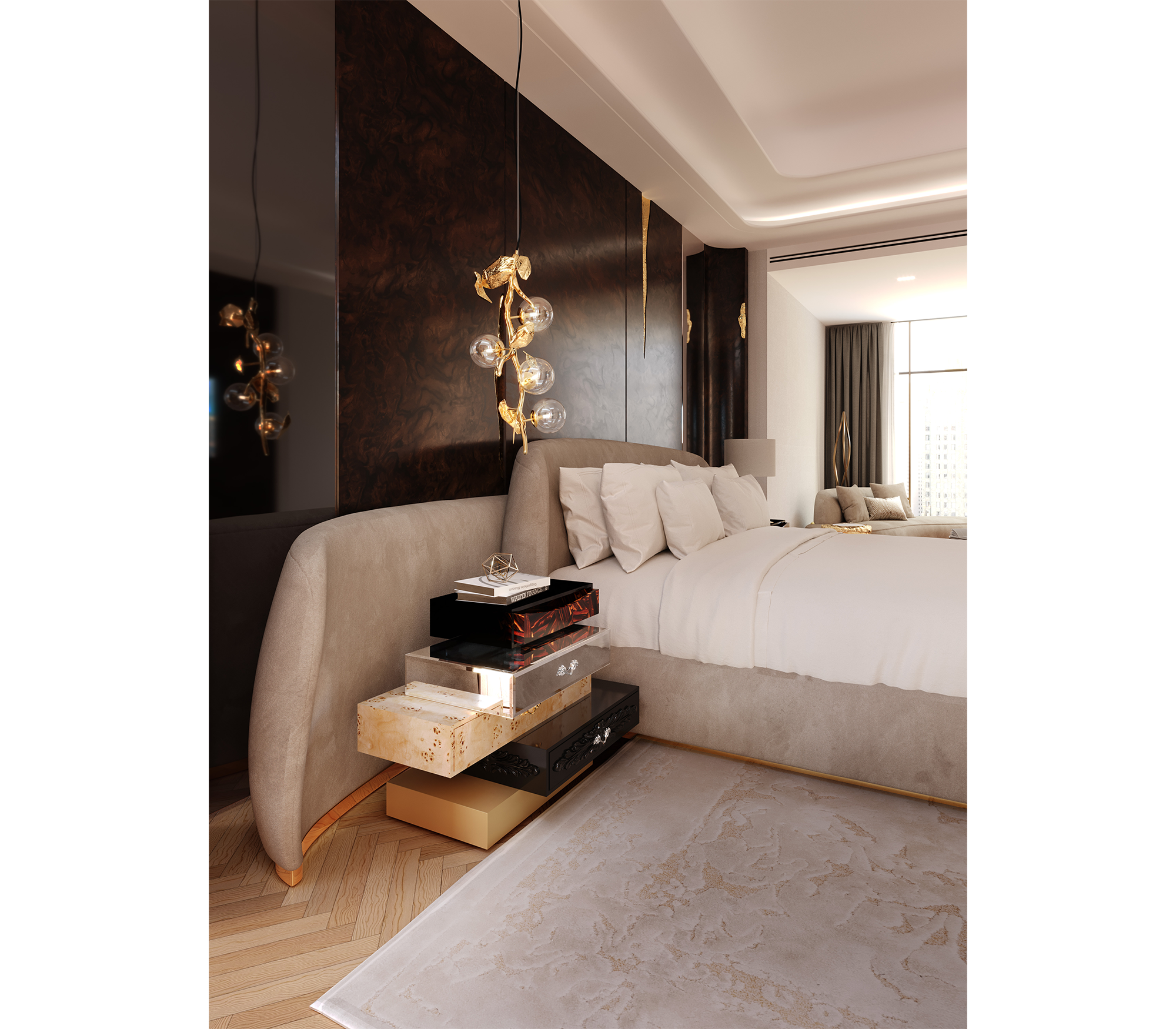 Odette Curved Velvet Polished Brass King Bed