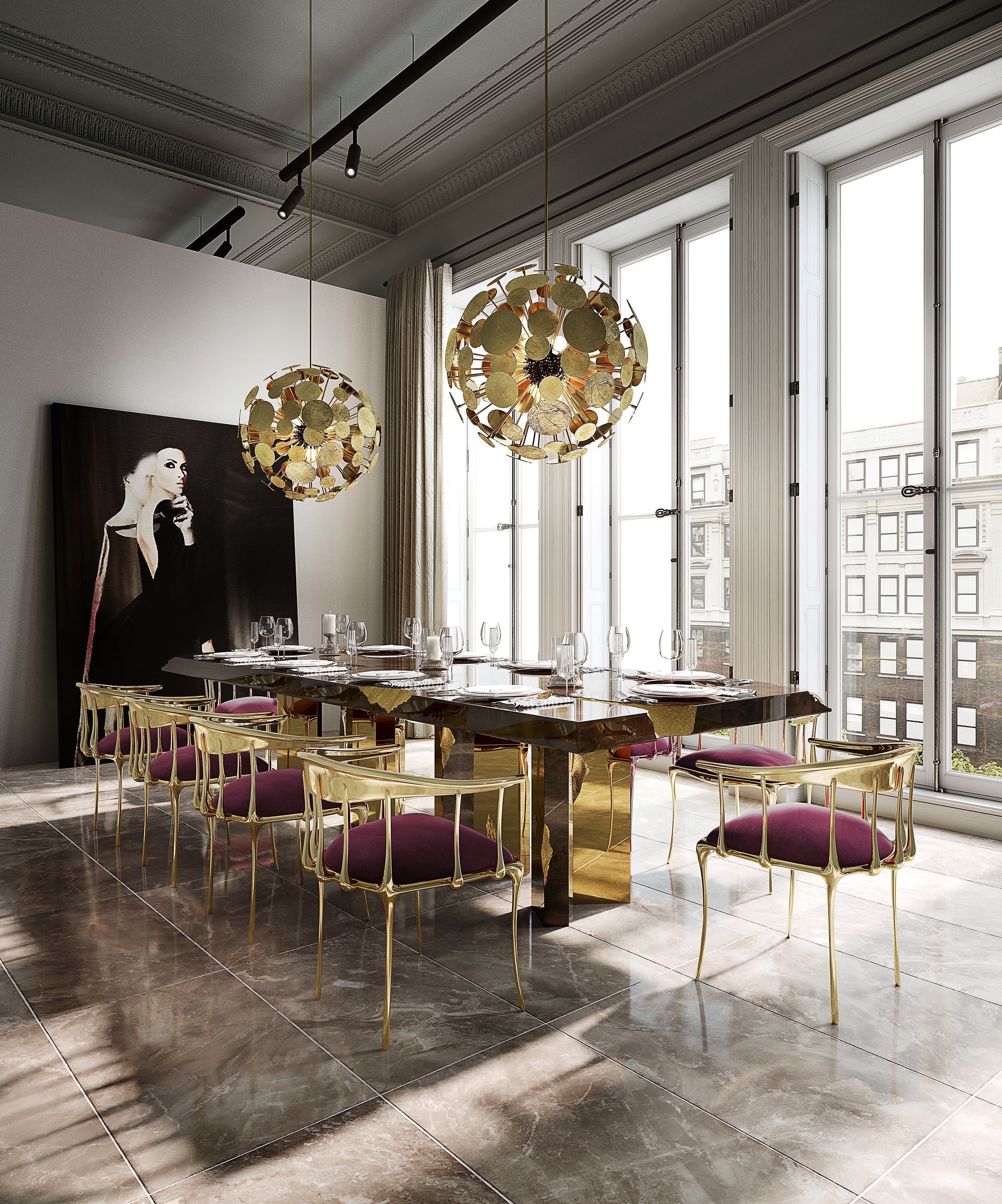 No 11 Burgundy Velvet Polished Gold Surrealist Dining Chair