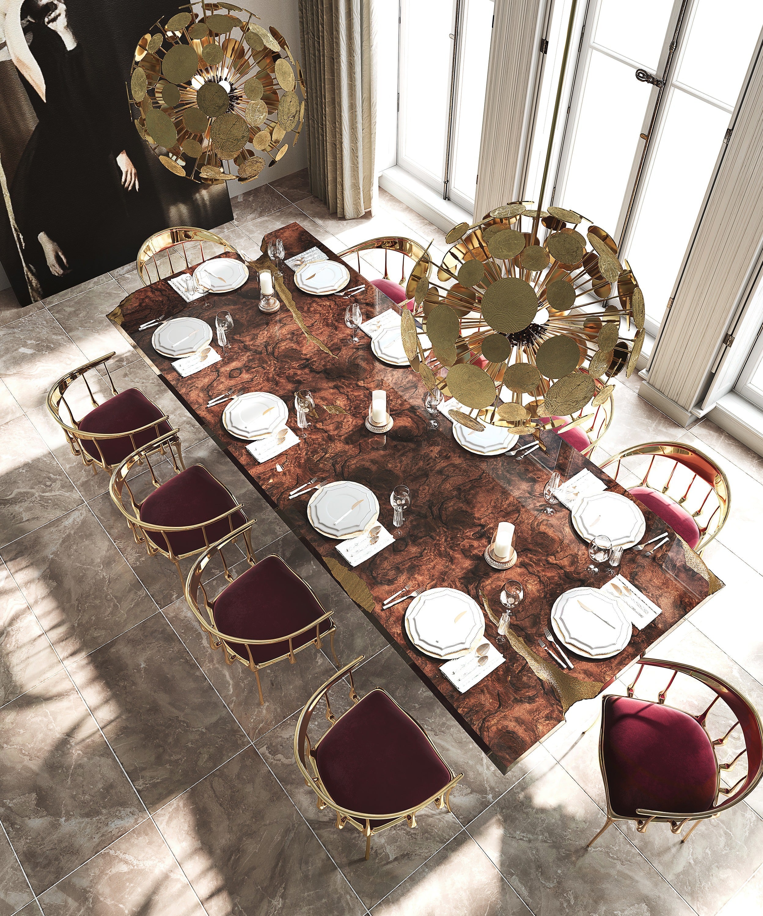 No 11 Burgundy Velvet Polished Gold Surrealist Dining Chair