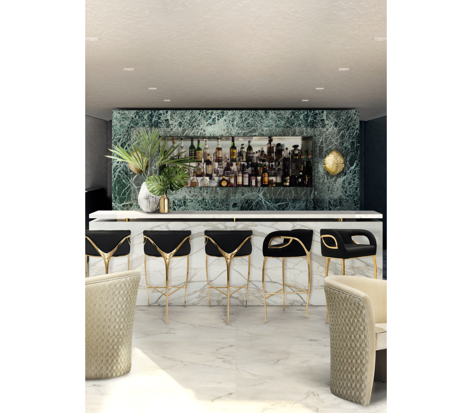 Chandra Curved Cutout Polished Brass High Back Bar Stool
