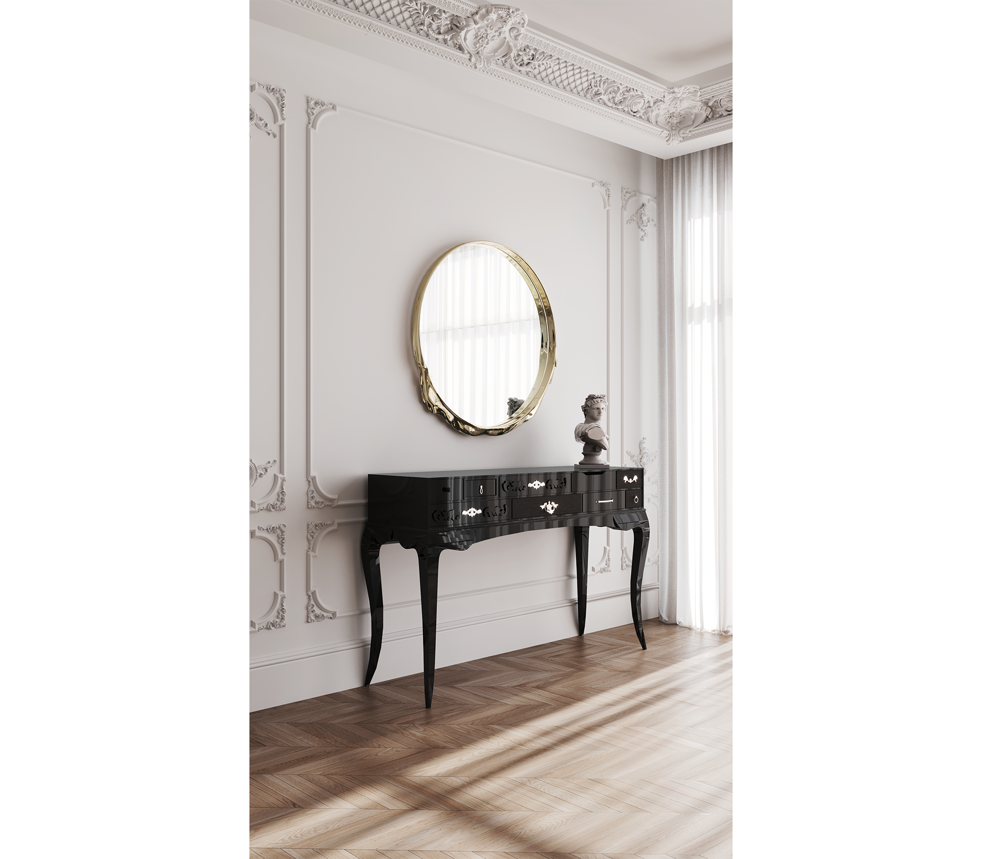 Mahogany Brass Black Storage Drawers Cabinet