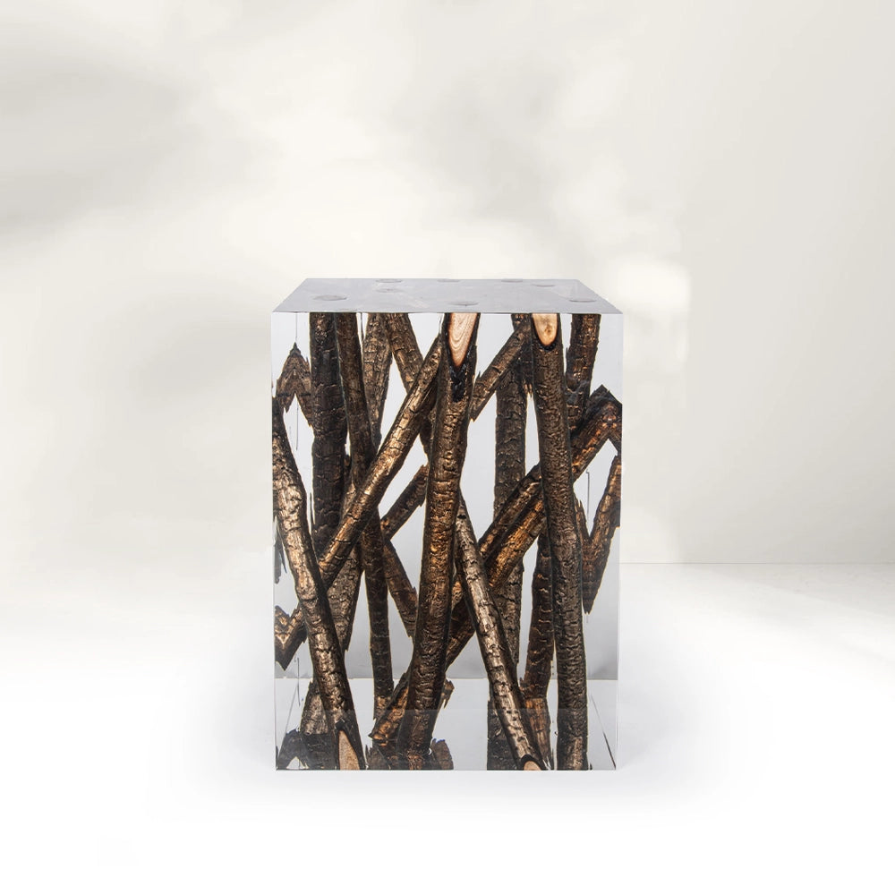 Bronze Burned Wood Pile Acrylic Side table