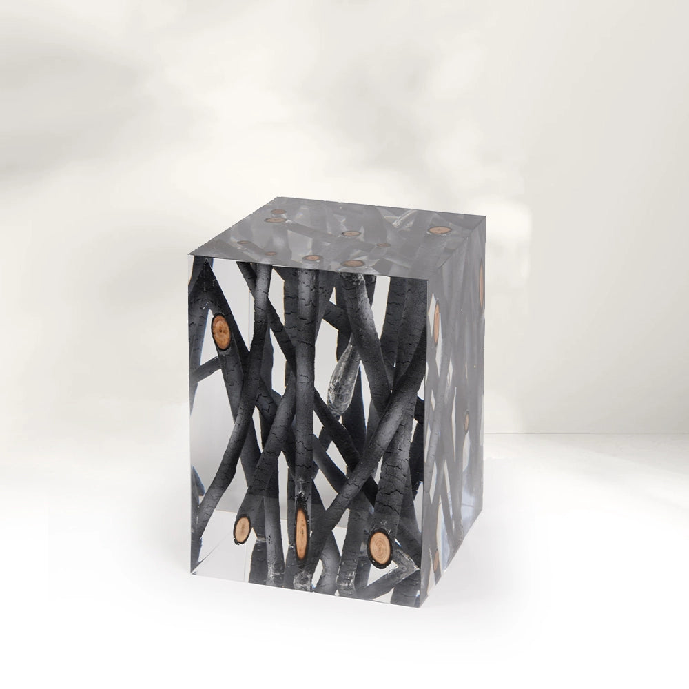 Burned Wood Pile Acrylic Stool Side Table