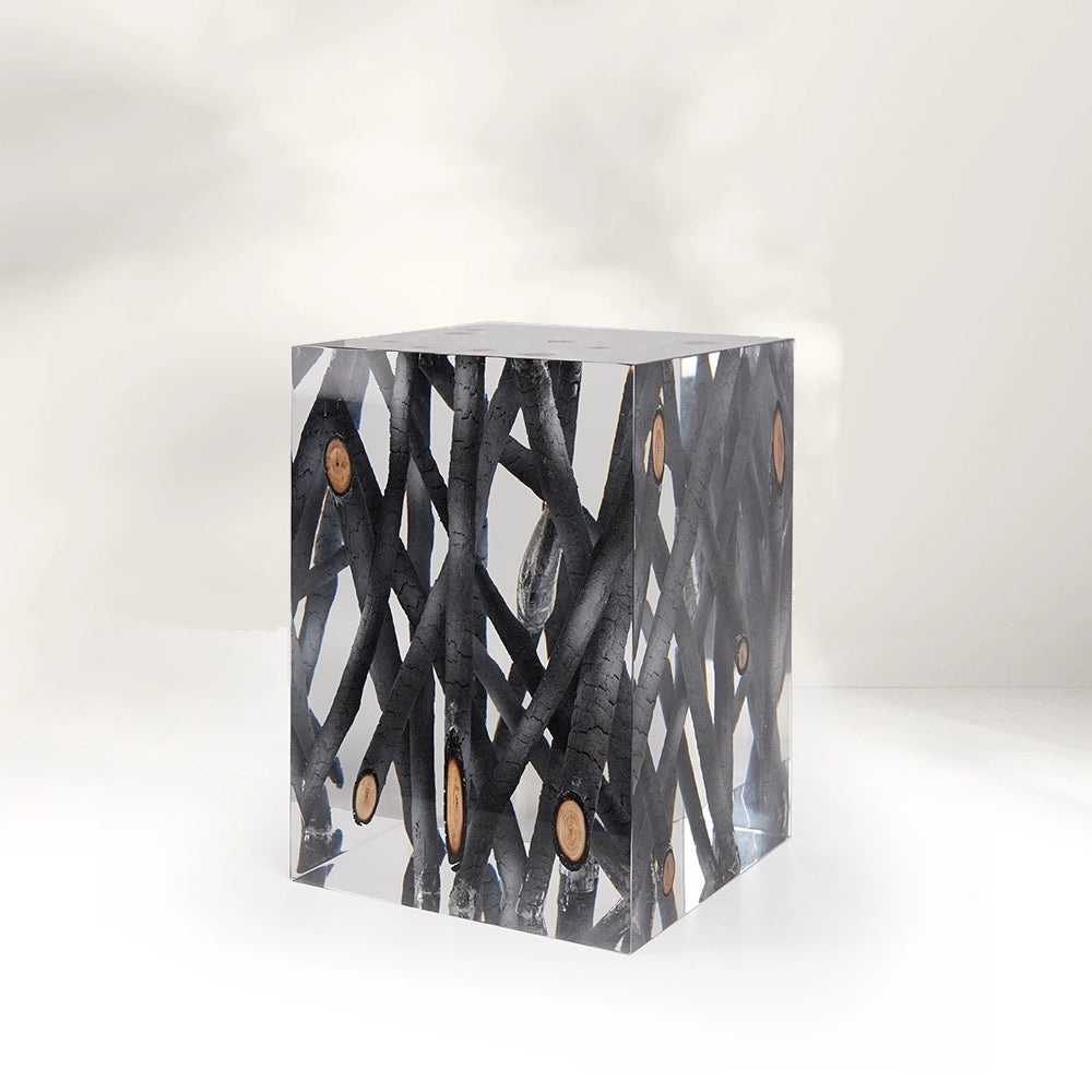 Burned Wood Pile Acrylic Stool Side Table