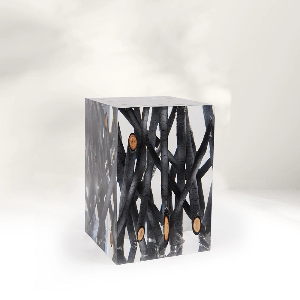 Burned Wood Pile Acrylic Stool Side Table