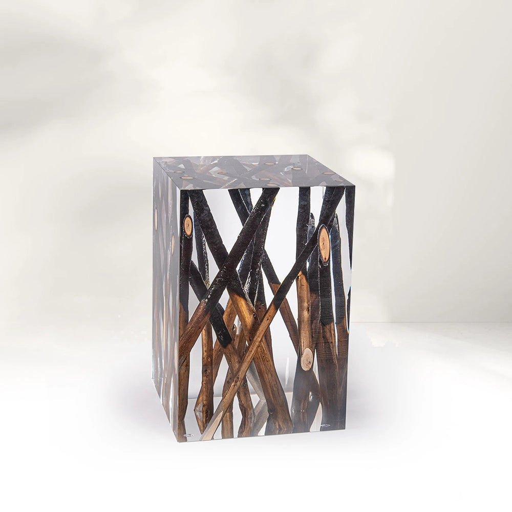 Half-burned Wood Pile Acrylic Stool Side Table