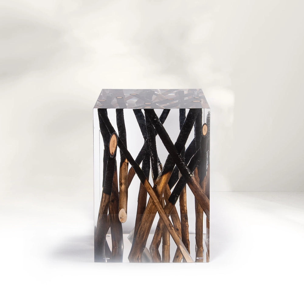 Half-burned Wood Pile Acrylic Stool Side Table