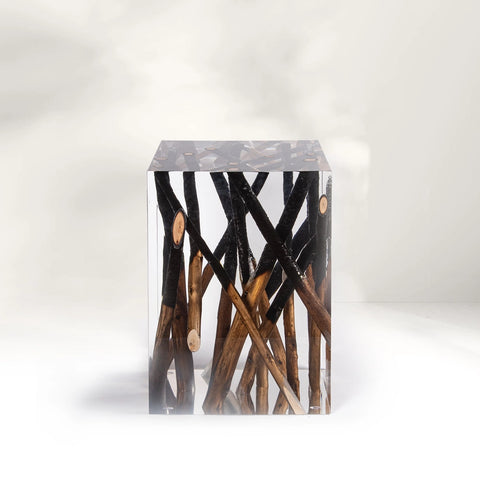 Half-burned Wood Pile Acrylic Stool Side Table