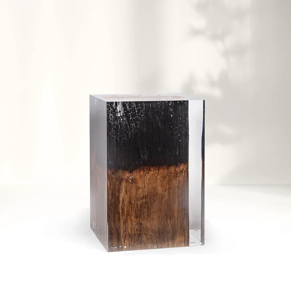 Half-burned Acrylic Wood Stump Stool Side Table
