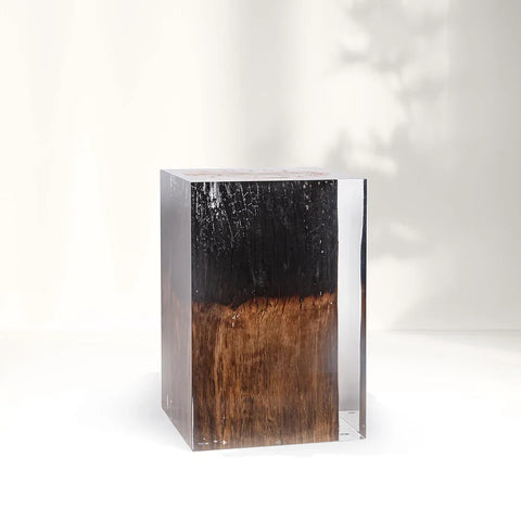 Half-burned Acrylic Wood Stump Stool Side Table