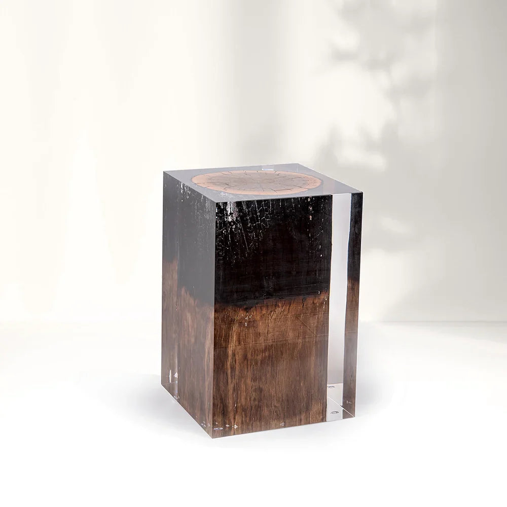 Half-burned Acrylic Wood Stump Stool Side Table