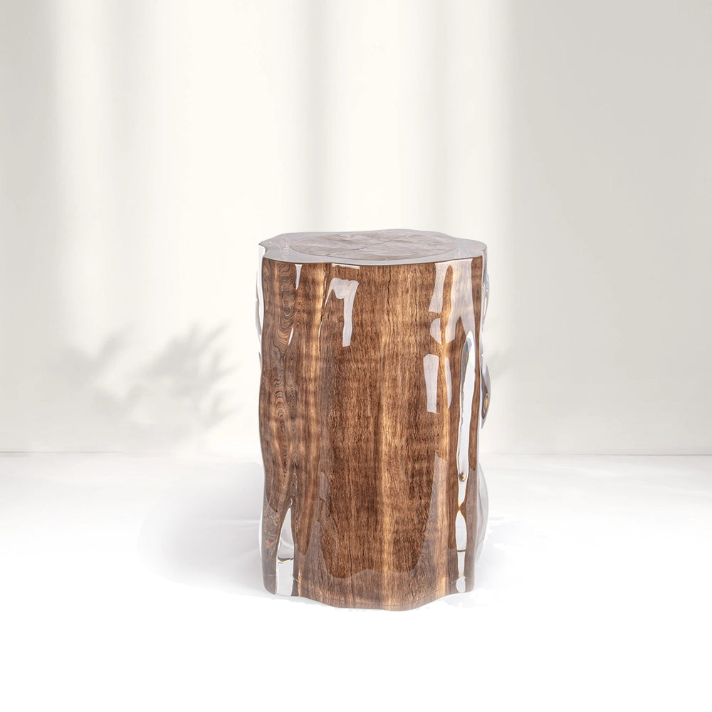 Raw Wood Stool Acrylic Side Table - Ripple