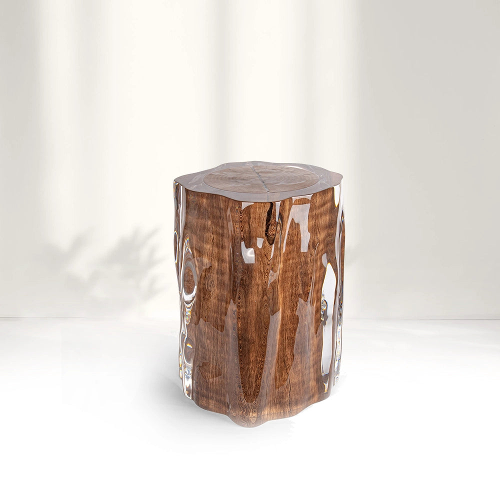 Raw Wood Stool Acrylic Side Table - Ripple