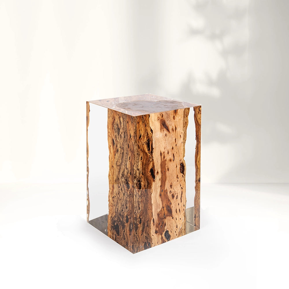 Sandal Wood Stump Acrylic Stool Side Table - Cut