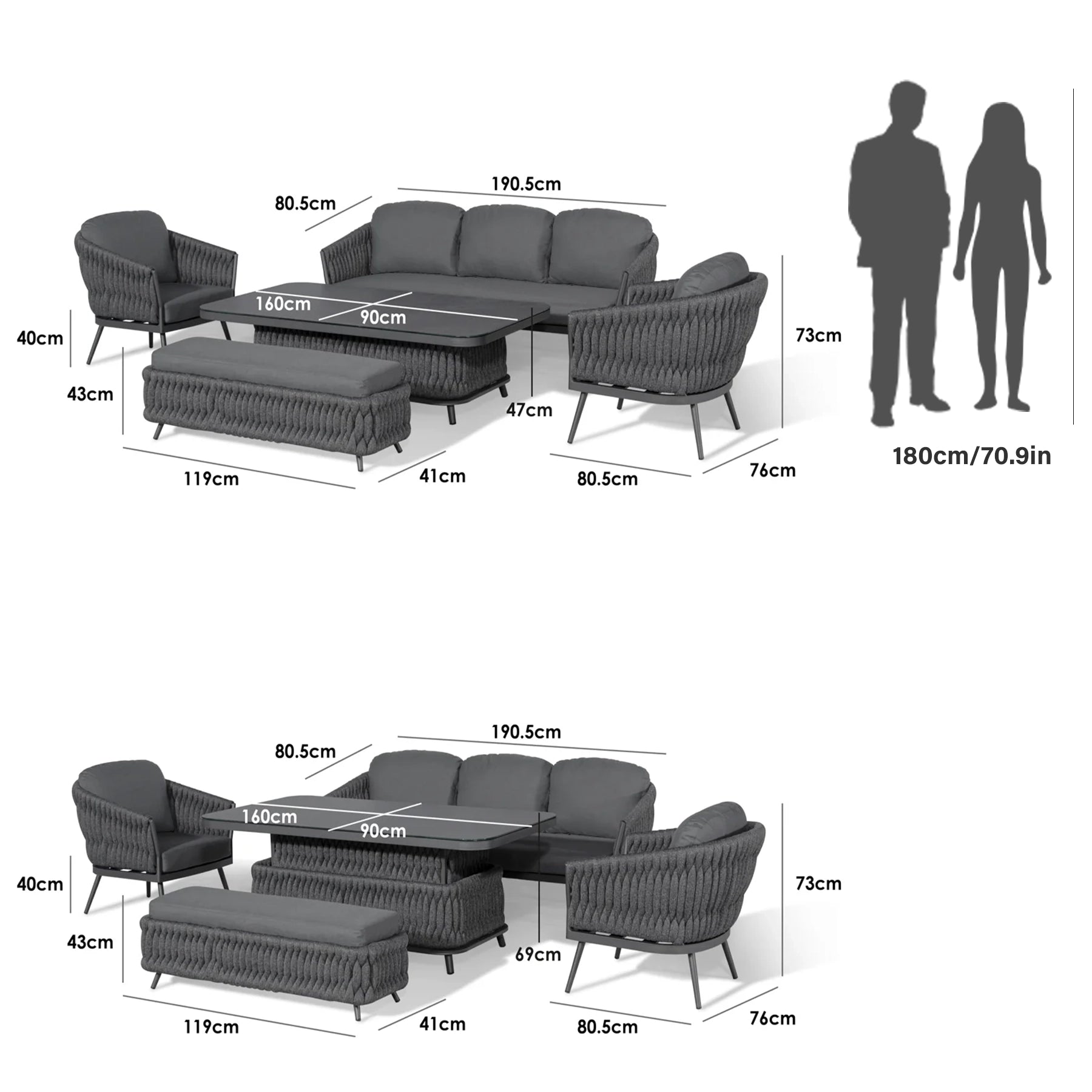 Palma 3 Seat Rope Sofa Set with Rising Table