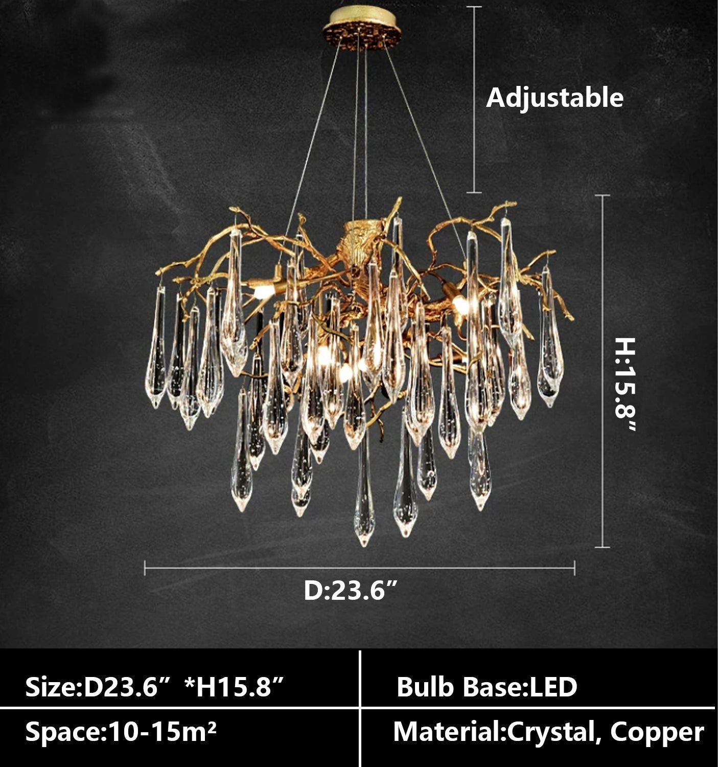 French Style Living Room Branch Crystal Drops Chandelier Modern Copper Gold Finish Dining Room Ceiling Lighting Fixture