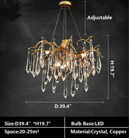 French Style Living Room Branch Crystal Drops Chandelier Modern Copper Gold Finish Dining Room Ceiling Lighting Fixture